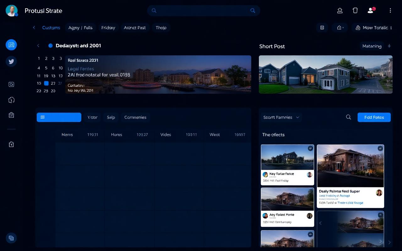 Social content calendar with scheduled real estate posts and video thumbnails